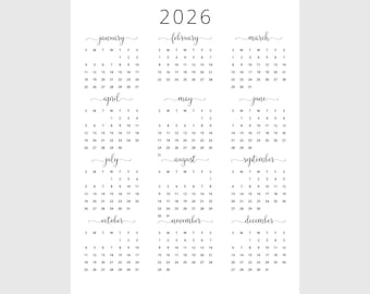 2026 Yearly Calendar 2026 Annual Calendar Printable 2026 Calendar Vertical 2026 Wall Calendar A3 A4 Letter Size Desk Calendar 2026 Print PDF