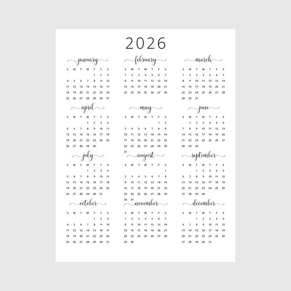 2026 Yearly Calendar 2026 Annual Calendar Printable 2026 Calendar Vertical 2026 Wall Calendar A3 A4 Letter Size Desk Calendar 2026 Print PDF