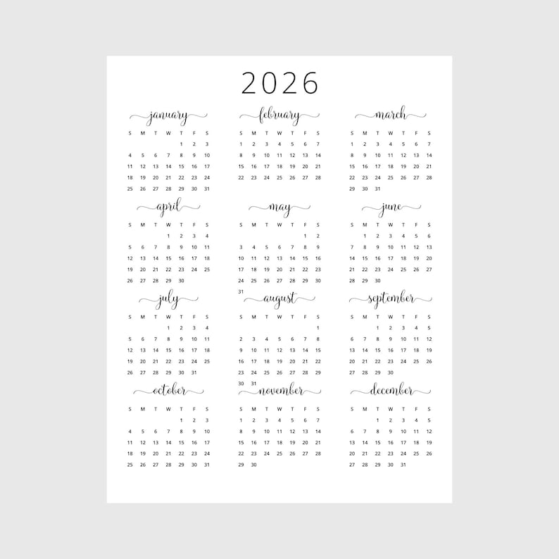 Op de afbeelding: Een zwart-witte printbare kalender voor het jaar 2026. Elke maand wordt weergegeven in een apart vak met de dagen van de week gelabeld als Z, M, D, W, D, V, Z. De maanden zijn januari, februari, maart, april, mei, juni, juli, augustus, september, oktober, november en december.