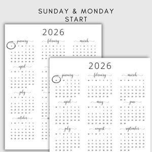 Op de afbeelding: Een printbare kalender voor het jaar 2026 met een start op zondag en maandag. De kalender is verdeeld in 12 maanden, waarbij elke maand in een apart vak wordt weergegeven. De maanden zijn januari, februari, maart, april, mei, juni, juli, augustus, september, oktober, november en december. De kalender is ontworpen in een minimalistische stijl met zwarte tekst op een witte achtergrond.