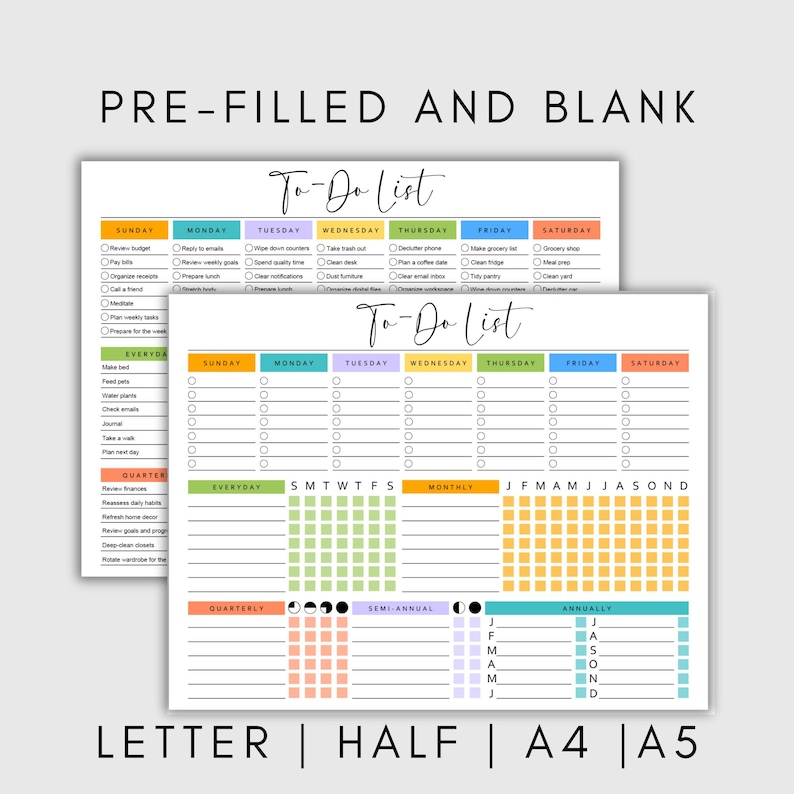 Printable To Do List Template Colorful PDF Checklist Daily Weekly Monthly Annual Instant Download Sunday & Monday Start Task Tracker ADHD A4 image 2