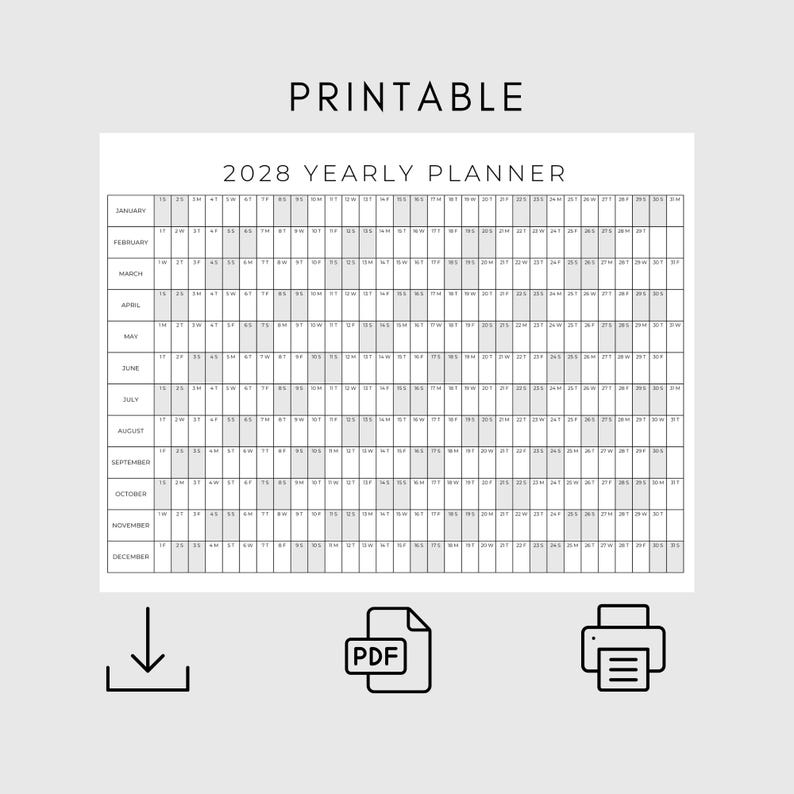 2028 Year Planner Printable, Yearly Planning Calendar, Calendar Poster