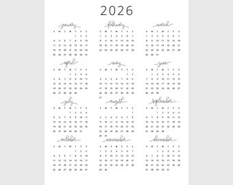 2026 Calendar | Single page | Monday & Sunday start | Full year calendar | Desk calendar | wall calendar | 2026 planner | SVG | PNG | PDF