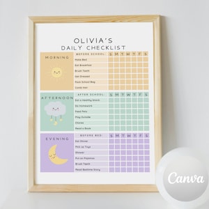 May include: A framed daily checklist for Olivia, featuring sections for morning, afternoon, and evening routines. The checklist includes tasks like making the bed, eating breakfast, and brushing teeth, with a sun, cloud, and moon graphic.