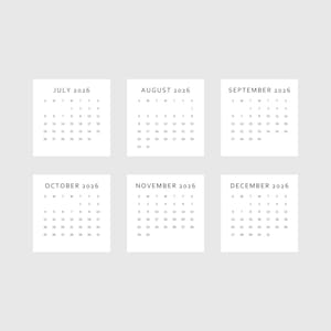 May include: A minimalist calendar for the months of July, August, September, October, November, and December 2026. Each month is displayed on a white square with black text, showing the days of the week and dates.