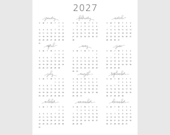 2027 Calendar | Single page | Monday & Sunday start | Full year calendar | Desk calendar | wall calendar | 2027 planner | SVG | PNG | PDF