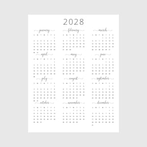 2028 Yearly Calendar 2028 Annual Calendar Printable 2028 Calendar Vertical 2028 Wall Calendar A3 A4 Letter Size Desk Calendar 2028 Print PDF