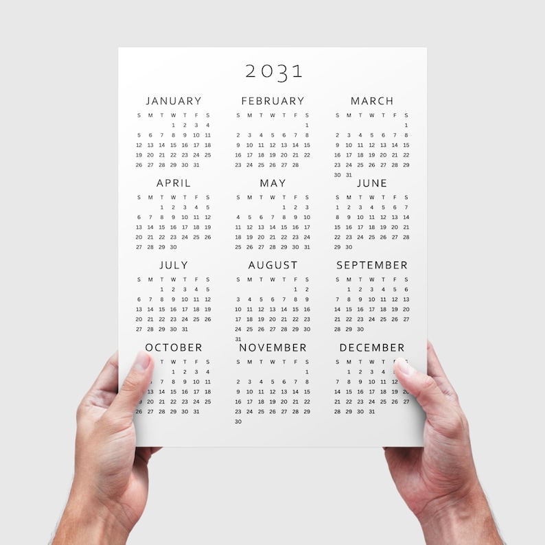 2031 Year at a Glance Calendar Printable | Full Year One Page | A4, A3 ...