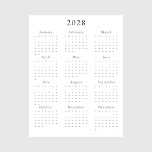 Calendario anual 2028 Calendario anual 2028 imprimible Calendario vertical 2028 Calendario de pared 2028 Tamaño carta A3 A4 Calendario de escritorio 2028 Imprimir PDF