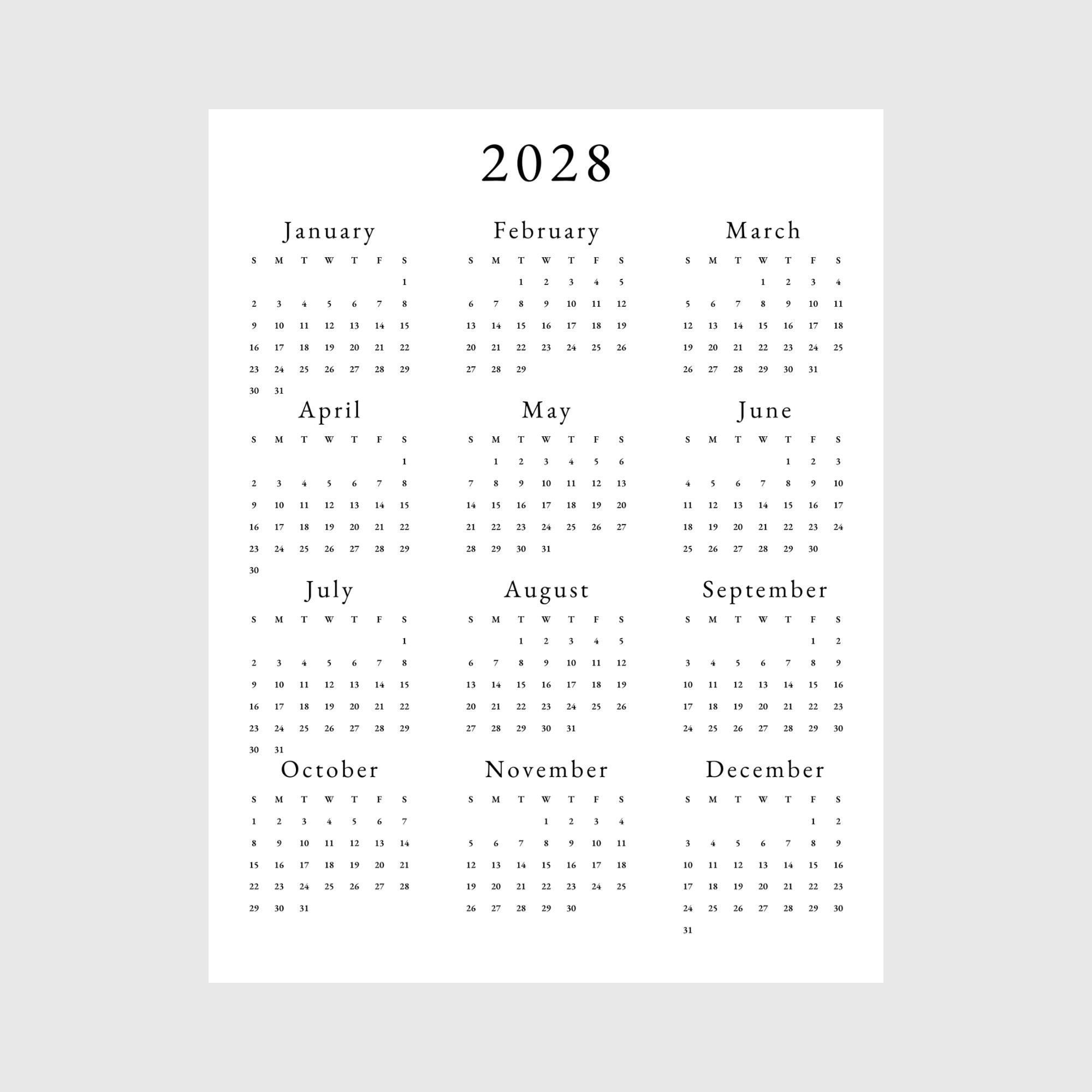 2028 Yearly Calendar 2028 Annual Calendar Printable 2028 Calendar Vertical 2028 Wall Calendar A3 A4 Letter Size Desk Calendar 2028 Print PDF
