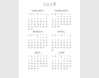 Calendario stampabile 2028 Year at a Glance / 6 mesi una pagina / A4, A3, US Letter, Tabloid / Download PDF / Inizio minimalista lunedì e domenica