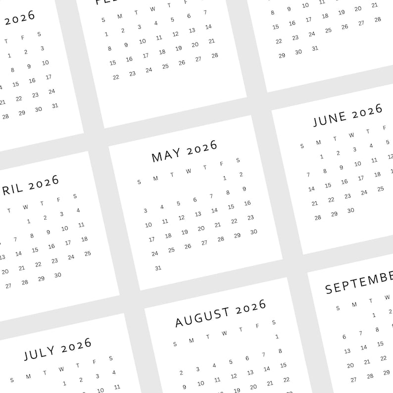 May include: A collection of white paper calendars for the year 2026, each displaying a different month. The calendars have a minimalist design with black text and a simple layout.