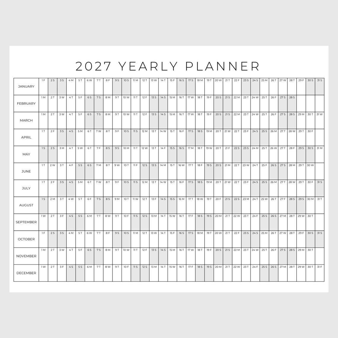 2027 Year Planner Printable, Yearly Planning Calendar, Calendar Poster