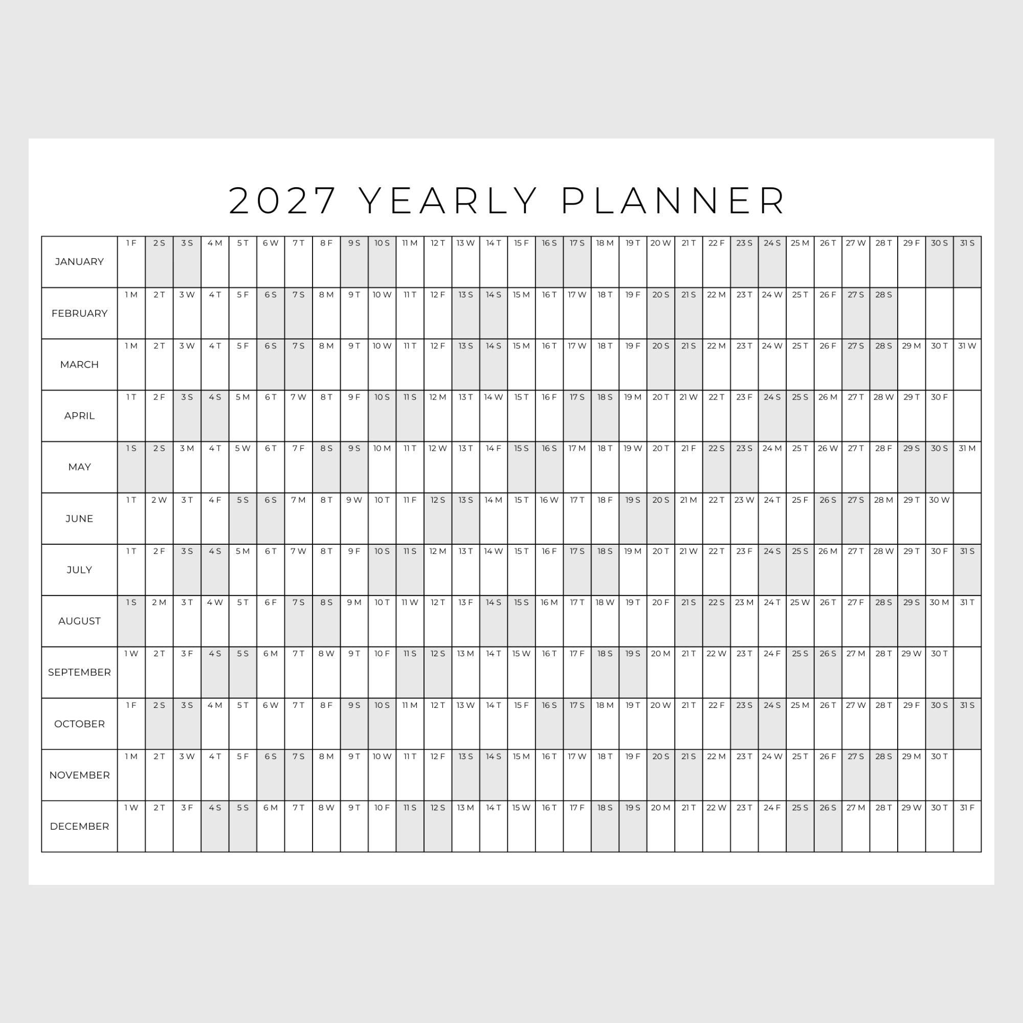 2027 Year Planner Printable, Yearly Planning Calendar, Calendar Poster