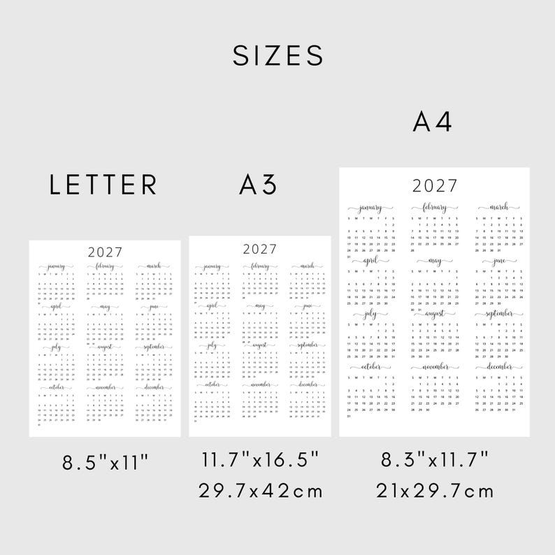 Pode incluir: Um calend&aacute;rio imprim&iacute;vel de 2027 em tr&ecirc;s tamanhos: Carta (8,5 polegadas por 11 polegadas), A3 (11,7 polegadas por 16,5 polegadas) e A4 (8,3 polegadas por 11,7 polegadas).