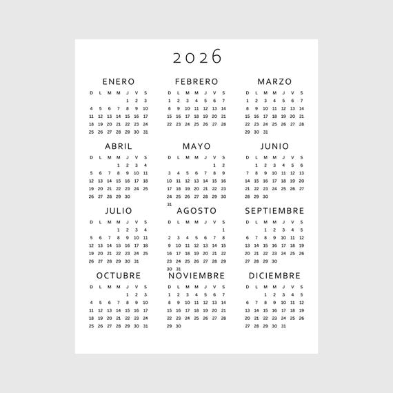 Calendario 2026 Anual Spanish PDF Imprimir A4 y Letter Size Lunes y Domingo Semana Inicio Imprimible Minimalista Descarga Digital A3 A5