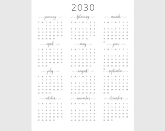 2030 Yearly Calendar 2030 Annual Calendar Printable 2030 Calendar Vertical 2030 Wall Calendar A3 A4 Letter Size Desk Calendar 2030 Print PDF