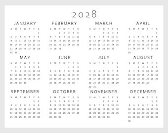 Calendario 2028 stampabile / Pagina singola / Calendario annuale / Anno in sintesi / Calendario da tavolo / Inizio lunedì e domenica, formato PDF A4 A5 US LETTER