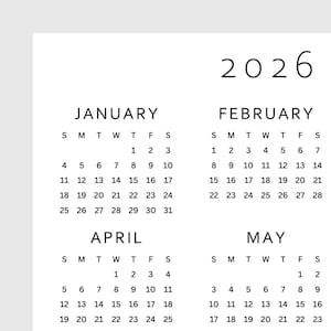 2026 Year at a Glance Calendar Printable | Full Year One Page | A4, A3 ...