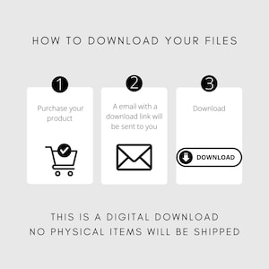 Pode incluir: Um guia de tr&ecirc;s etapas sobre como baixar arquivos digitais. As etapas s&atilde;o: 1. Compre seu produto, 2. Um link de download ser&aacute; enviado para voc&ecirc; por e-mail, 3. Baixe seus arquivos. O texto "ESTA &Eacute; UMA DESCARGA DIGITAL. NENHUM ITEM F&Iacute;SICO SER&Aacute; ENVIADO" &eacute; exibido abaixo das etapas.