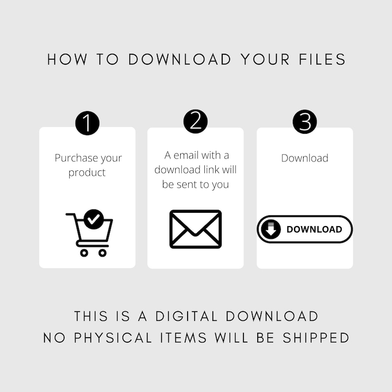 Pode incluir: Um guia de tr&ecirc;s etapas sobre como baixar arquivos digitais. As etapas s&atilde;o: 1. Compre seu produto, 2. Um link de download ser&aacute; enviado para voc&ecirc; por e-mail, 3. Baixe seus arquivos. O texto "ESTA &Eacute; UMA DESCARGA DIGITAL. NENHUM ITEM F&Iacute;SICO SER&Aacute; ENVIADO" &eacute; exibido abaixo das etapas.