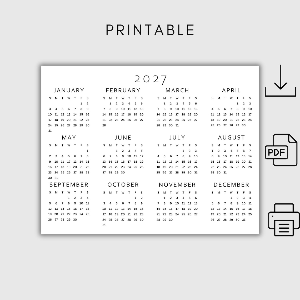2027 Calendar Printable | Single Page | Full Year Calendar | Year at a
