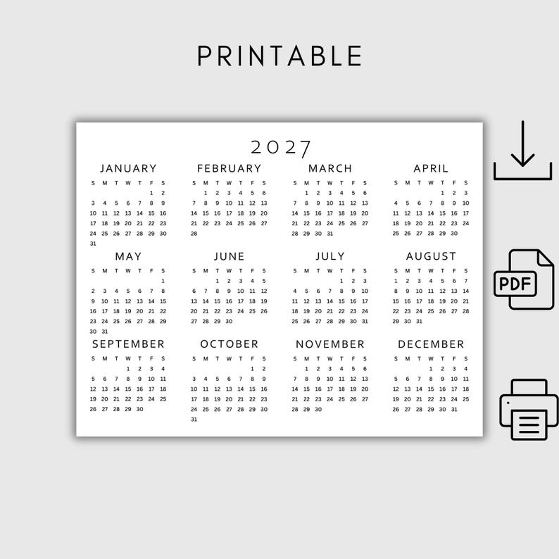 2027 Calendar Printable | Single Page | Full Year Calendar | Year at a