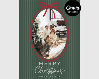 Holiday Photo Card Template, Christmas Bow Stripe Family Photo Card, Editable Canva Happy Holidays Template, Digital Download