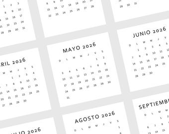 3x3 Calendario Mini 2026 Anual Spanish PDF Imprimir A4 y Letter Size Lunes y Domingo Semana Inicio Imprimible Minimalista Descarga Digital