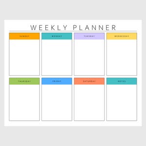 Puede incluir: Un planificador semanal blanco con un diseño sencillo. El planificador está dividido en siete días, cada uno con un encabezado de color: naranja, turquesa, morado, amarillo, verde, azul y naranja. La palabra "NOTES" es turquesa.