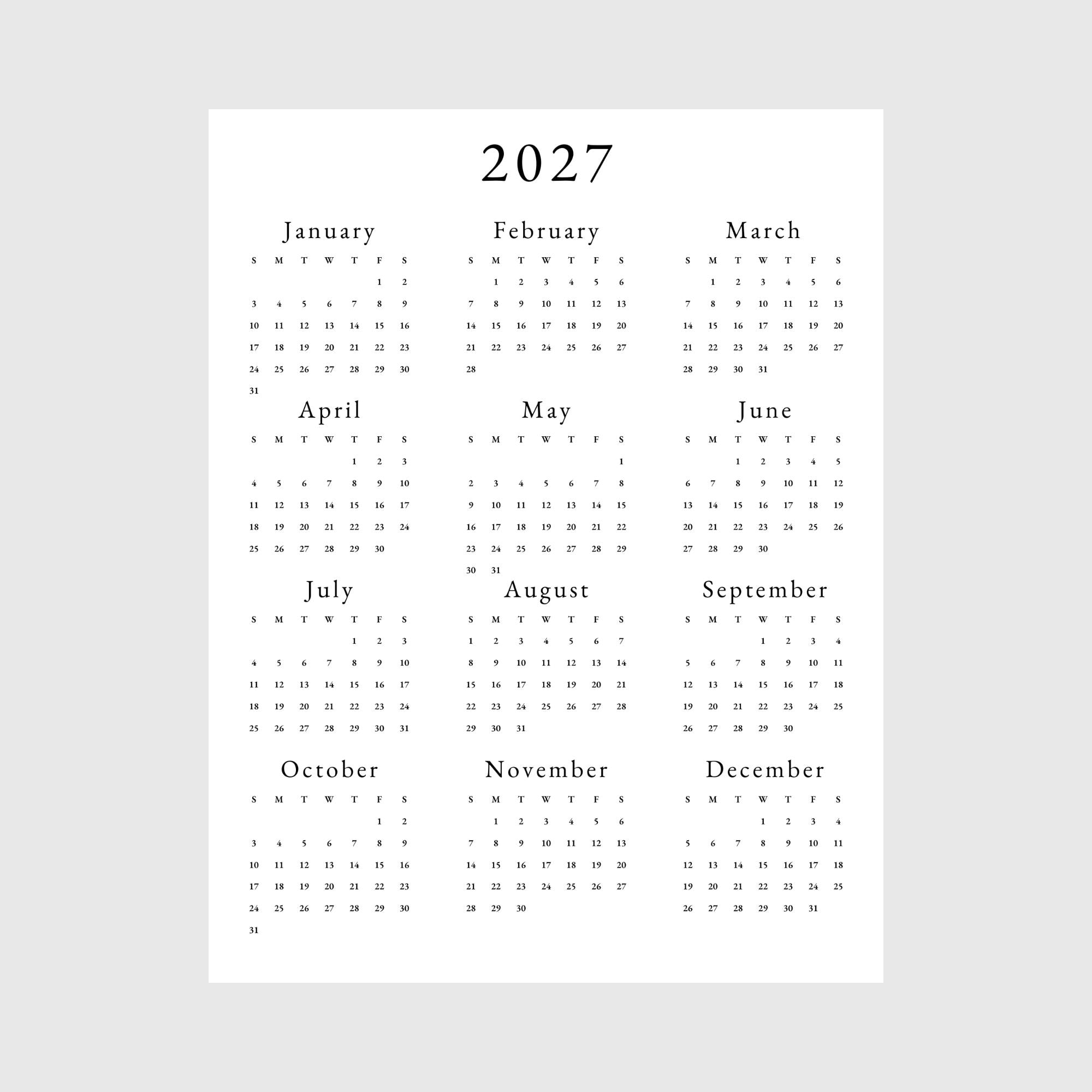 2027 Yearly Calendar 2027 Annual Calendar Printable 2027 Calendar Vertical 2027 Wall Calendar A3 A4 Letter Size Desk Calendar 2027 Print PDF