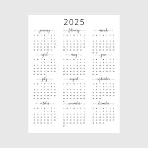 Calendario anual 2025 Calendario anual 2025 para imprimir Calendario vertical 2025 Calendario de pared 2025 Tamaño carta A3 A4 Calendario de escritorio 2025 para imprimir en PDF