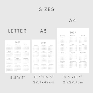 May include: A printable calendar template in three sizes: Letter (8.5 inches by 11 inches), A3 (11.7 inches by 16.5 inches), and A4 (8.3 inches by 11.7 inches). The calendar is for the year 2027 and includes all 12 months.