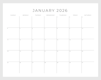 Druckbarer Kalender 2026, Monatsplaner Landschaft, Minimaler Monatskalender 2026 druckbar, Sonntag Start Brief Wandkalender Download