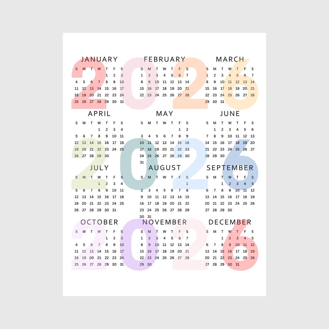 2026 Year at a Glance Calendar Printable | Full Year One Page | A4, A3 ...