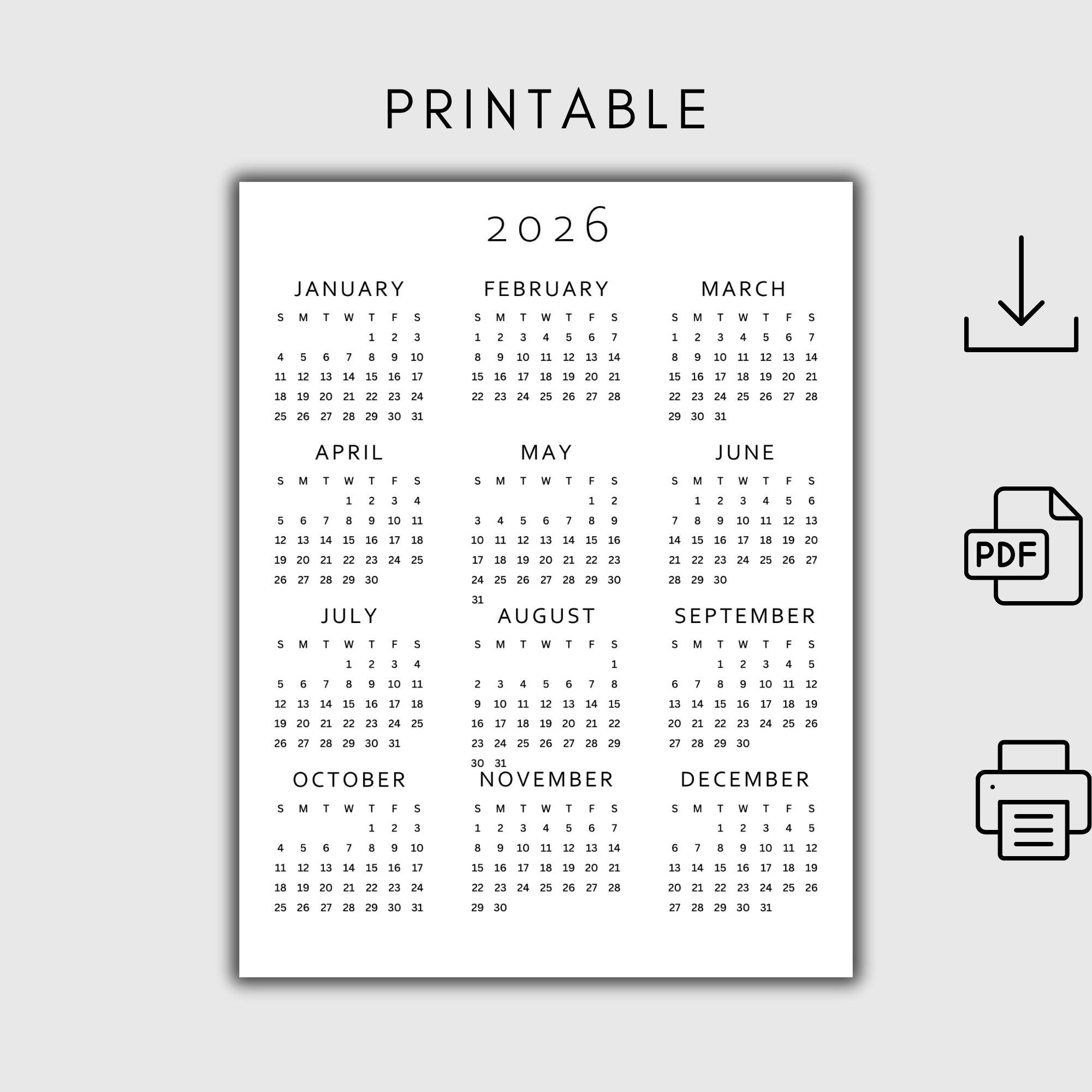 2026 Year at a Glance Calendar Printable | Full Year One Page | A4, A3 ...