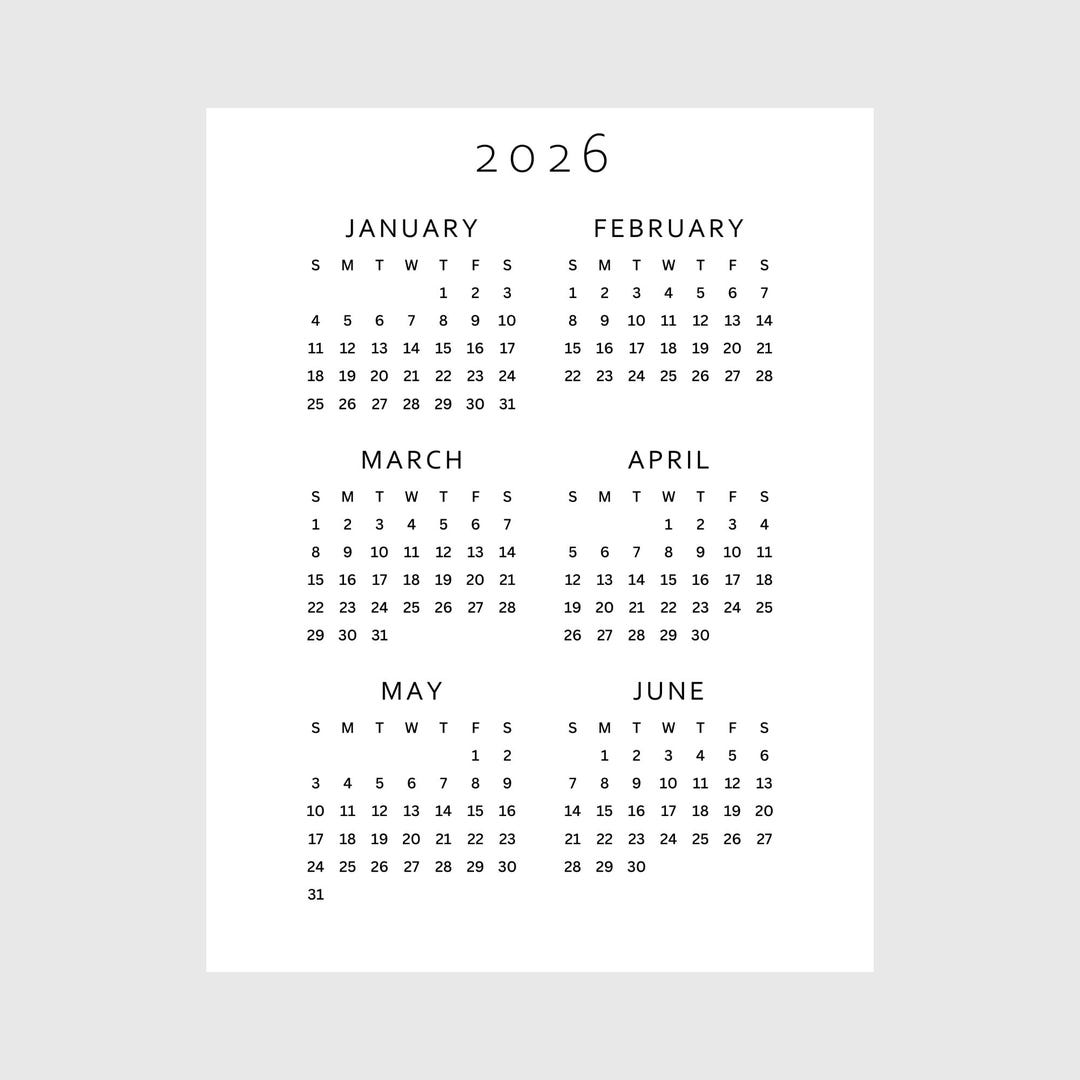 2026 Year at a Glance Calendar Printable | 6 Months One Page | A4, A3 ...