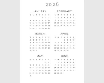 Calendario imprimible de un vistazo del año 2026 / 6 meses de una página / A4, A3, Carta EE. UU., Tabloide / Descarga en PDF / Inicio minimalista de lunes y domingo