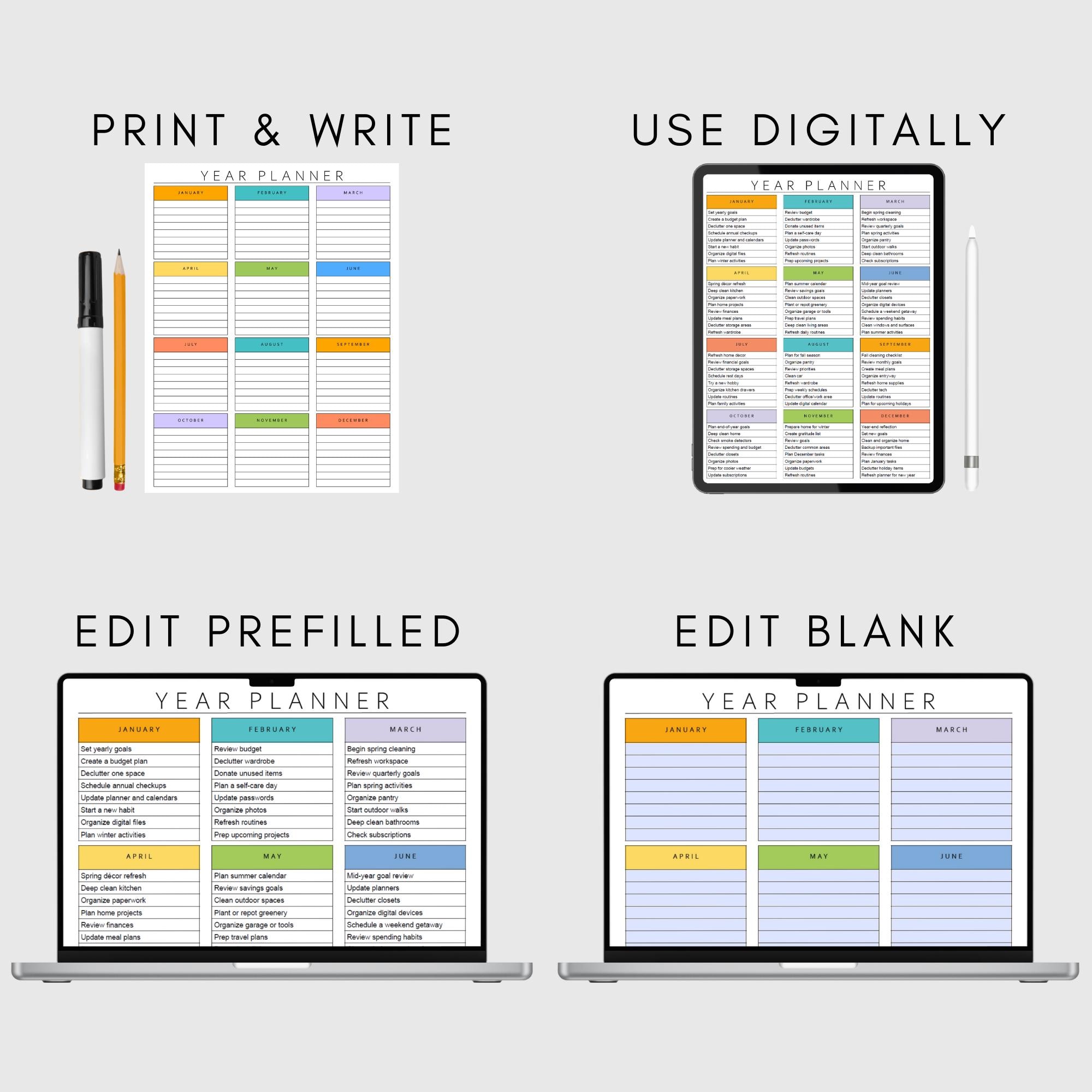 Editable Yearly Planner, Printable Yearly Overview on One Page, Year at a Glance, Undated ...