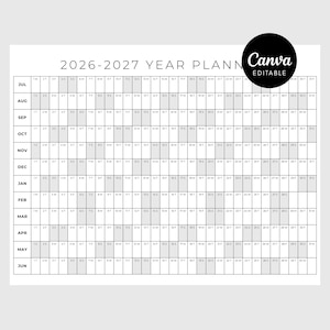 Puede incluir: Un calendario de pared planificador anual 2026-2027 con un diseño de cuadrícula con los meses listados verticalmente de julio a junio. El diseño incluye columnas alternas blancas y gris claro para los días, con el texto Canva Editable en un círculo.