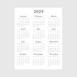 May include: A black and white calendar for the year 2029. Each month is displayed in a separate grid with the days of the week labeled as M, T, W, T, F, S, S.