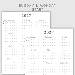 May include: A black and white printable calendar for the year 2027. The calendar is formatted with Sunday and Monday as the start of the week. The calendar includes all 12 months of the year.