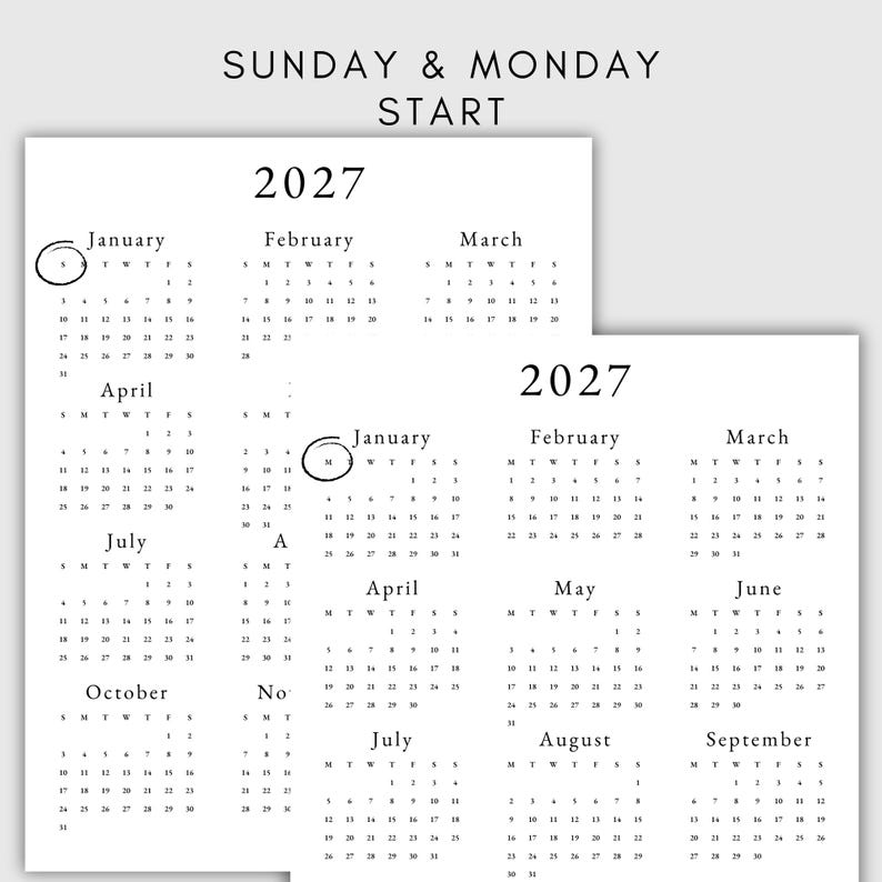 May include: A black and white printable calendar for the year 2027. The calendar is formatted with Sunday and Monday as the start of the week. The calendar includes all 12 months of the year.