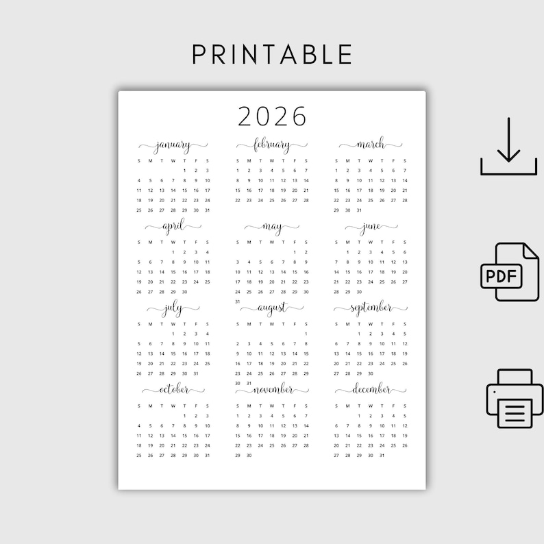 Op de afbeelding: Printbare kalender voor het jaar 2026. Elke maand wordt weergegeven in een apart vak met de dagen van de week gelabeld als Z, M, D, W, D, V, Z. De kalender is in zwart-wit.