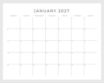 Calendrier 2027 imprimable, planificateur mensuel paysage, calendrier mensuel minimal 2027 imprimable, dimanche départ lettre calendrier mural à télécharger