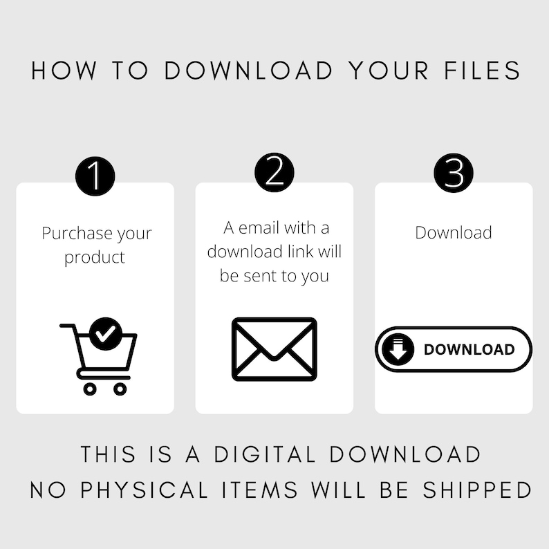 May include: A white background with black text and icons that explains how to download digital files. The text reads 'HOW TO DOWNLOAD YOUR FILES'.  There are three steps: 1. Purchase your product, 2. A email with a download link will be sent to you, 3. Download.  The icon for step 1 is a shopping cart with a check mark. The icon for step 2 is an email envelope. The icon for step 3 is a download button. The text below the steps reads 'THIS IS A DIGITAL DOWNLOAD NO PHYSICAL ITEMS WILL BE SHIPPED'