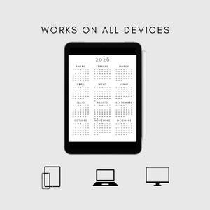 May include: A black tablet displaying a 2026 calendar in Spanish, with the months listed. The text "WORKS ON ALL DEVICES" is above the tablet. Below the tablet are icons of a phone, laptop, and desktop computer.