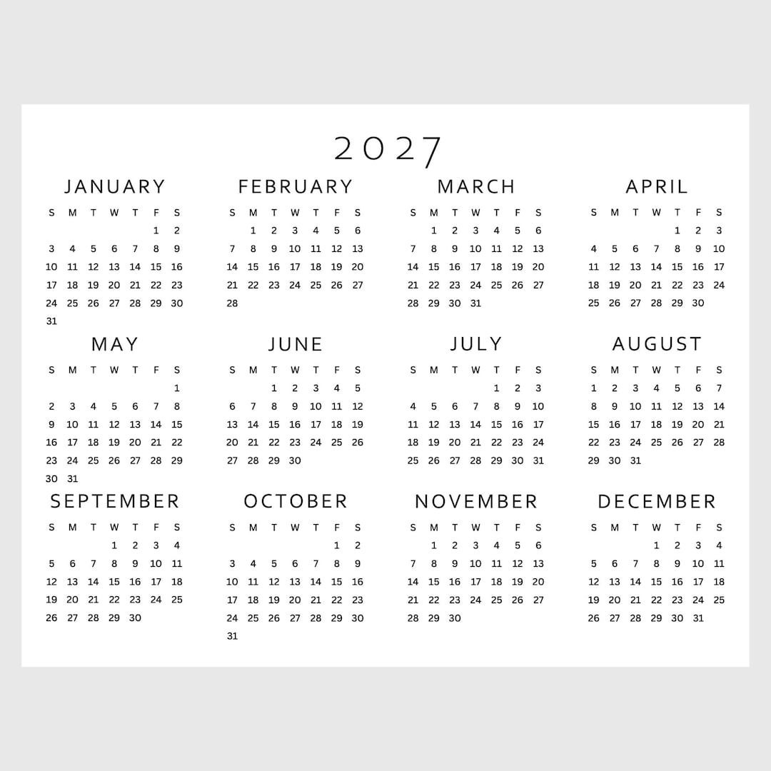 2027 Calendar Printable | Single Page | Full Year Calendar | Year at a