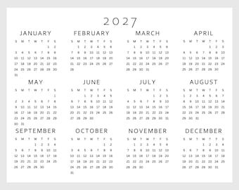 2027 Calendar Printable | Single page | Full year calendar | Year at a Glance | Desk calendar |Monday and Sunday Start, A4 A5 US LETTER PDF