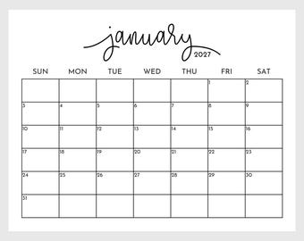 Calendario imprimible 2027, planificador mensual horizontal, calendario imprimible minimalista mensual 2027, calendario de pared con inicio en domingo para descargar.